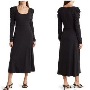 WAYF Black Ruffled Puff Long Sleeve Midi Dress